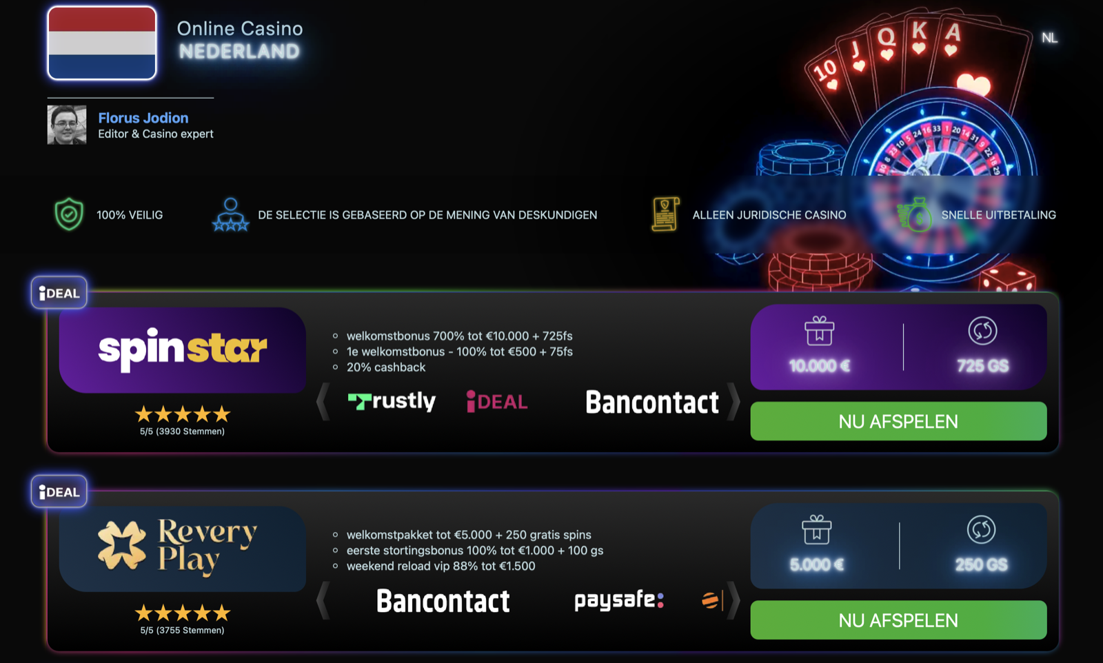 WordPress casino spam verwijderen — screenshot van een gehackte Nederlandse WordPress-site met casino-pagina onder eigen domein: header 'Online Casino NEDERLAND' met Nederlandse vlag, fake reviewer, vier trust-badges, en twee casino-reviews (Spin Star en Revery Play) met iDEAL, Bancontact en Trustly betaalmethoden plus 'NU AFSPELEN' knoppen.