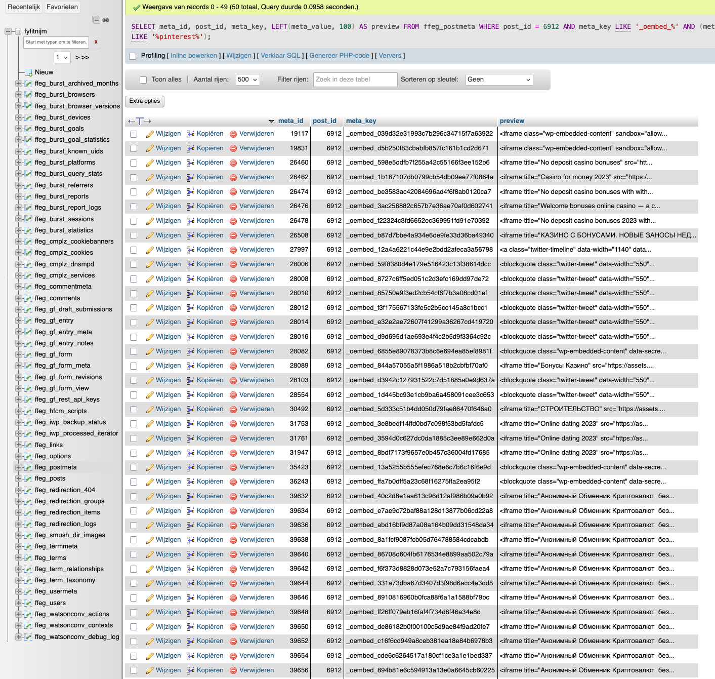 Derde cleanup-ronde in phpMyAdmin met Pinterest- en casino-iframes gecombineerd in de WHERE-clausule