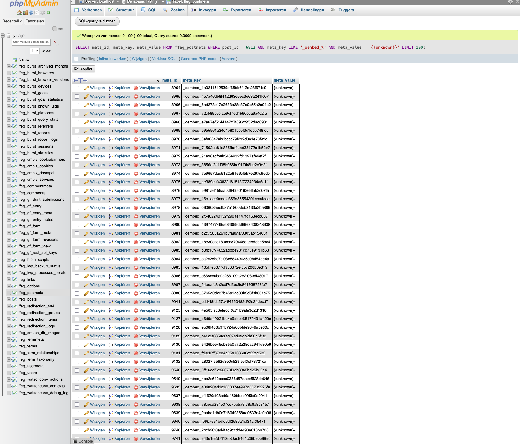 Query op _oembed_-entries met {unknown} als waarde in phpMyAdmin
